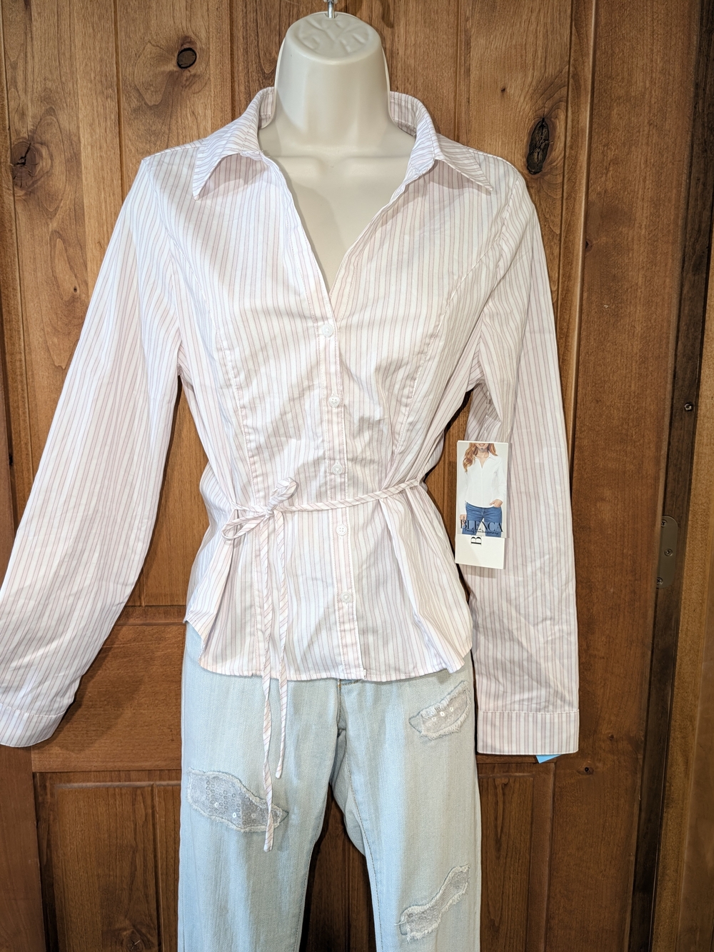 Women's Light Pink Striped Tie-Waist Button-Down Shirt